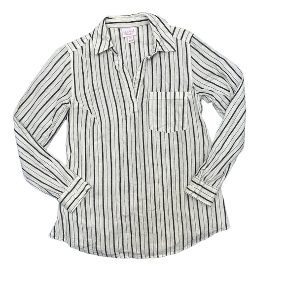 Isabel Maternity Linen Snap Sides, V-Neck Collared Striped Linen EUC Beachy - Picture 1 of 8